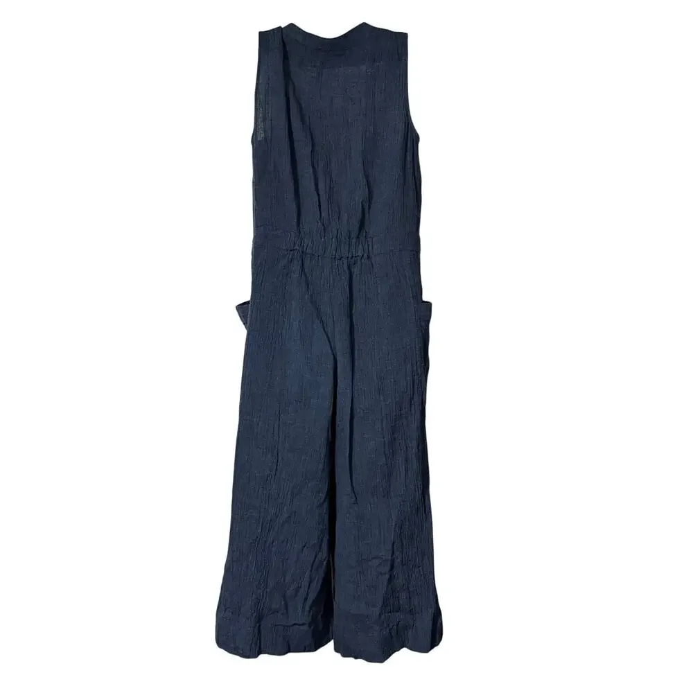 POETRY Dark Indigo Linen Blend Cropped Wide Leg Jumpsuit US 8 - Picture 4 of 12